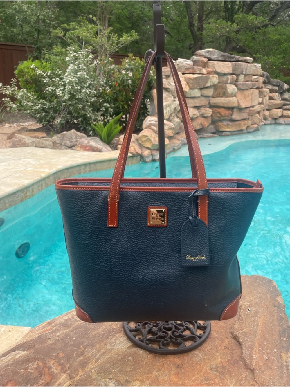 Dooney & Bourke Navy Pebble Grain Leather Tote British Tan Trim and Straps (CSR)